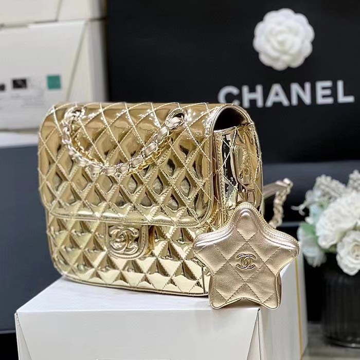 Chanel Women CC Backpack Star Coin Purse Mirror Calfskin Metallic Calfskin Gold-Tone Metal