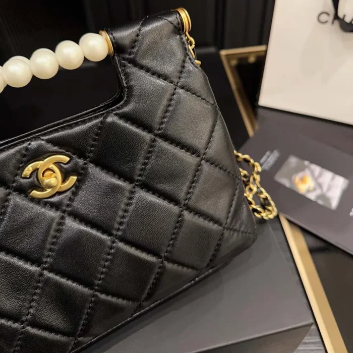 Chanel Women Small Shopping Bag Shiny Lambskin Imitation Pearls Gold Tone Metal