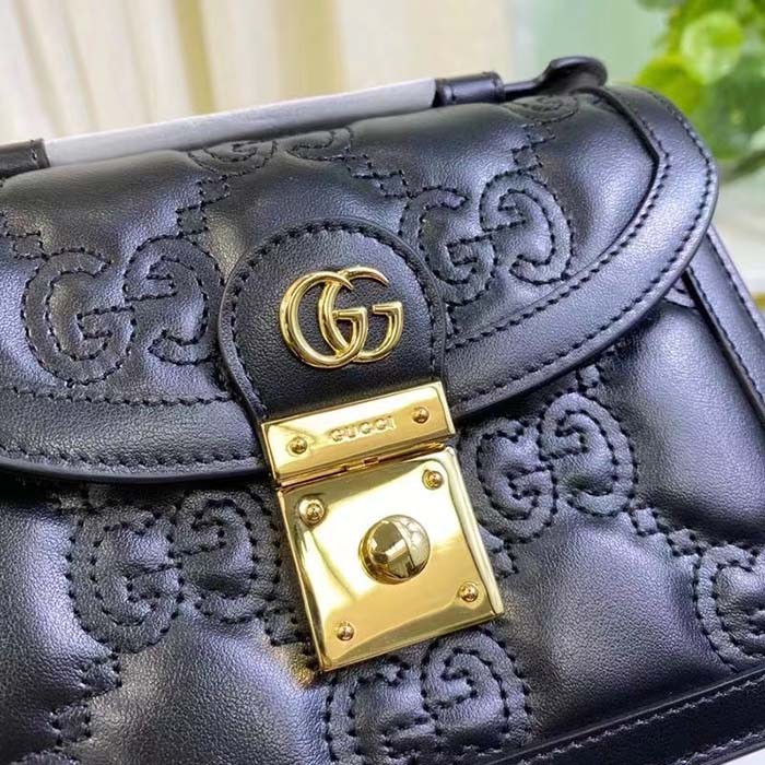 Gucci Women GG Matelassé Small Top Handle Bag Black Leather Double G