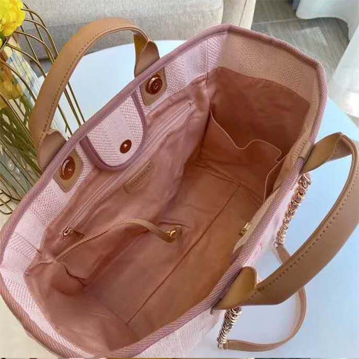 Chanel Women Deanville Shopping Bag Canvas Leather Mixed Fibers Pink
