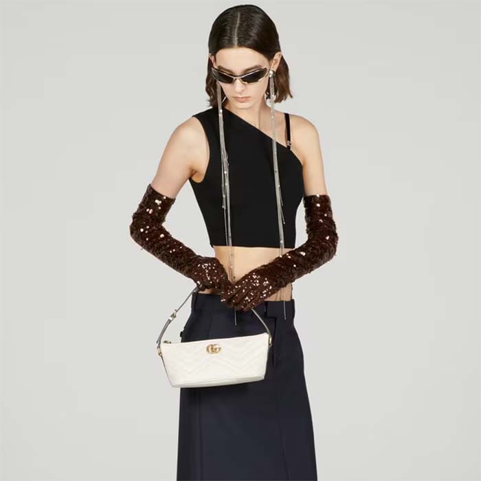 Gucci Women GG Marmont Shoulder Bag White Matelassé Chevron Leather Double G