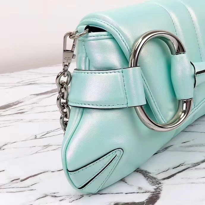 Gucci Women Horsebit Chain Medium Shoulder Bag Light Blue Quilted Leather Maxi Horsebit Style ‎764255 AACU1 4811