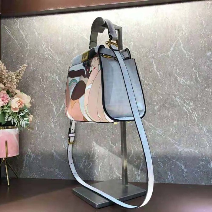 Fendi Women Peekaboo Iconic Mini FF White Glazed Fabric Bag with Inlay