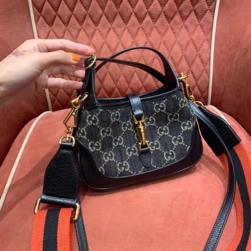 Gucci Women Jackie 1961 Mini Shoulder Bag Black Ivory GG Denim Jacquard