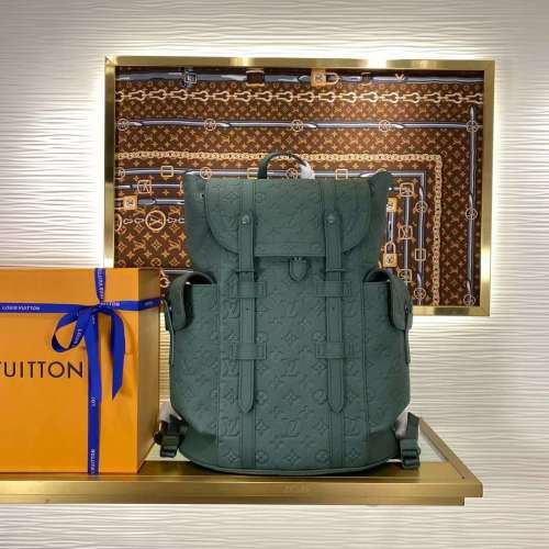 Louis Vuitton LV Unisex Christopher MM Backpack Green Taurillon Monogram Embossed Cowhide Leather M24428