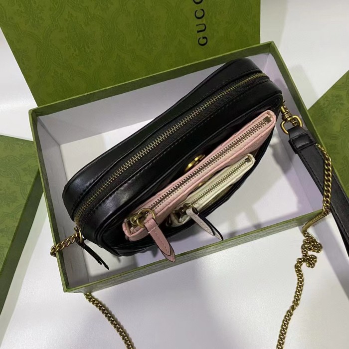 Gucci Women GG Double G Multi-Use Mini Bag Black Pink White Chevron Matelassé Leather