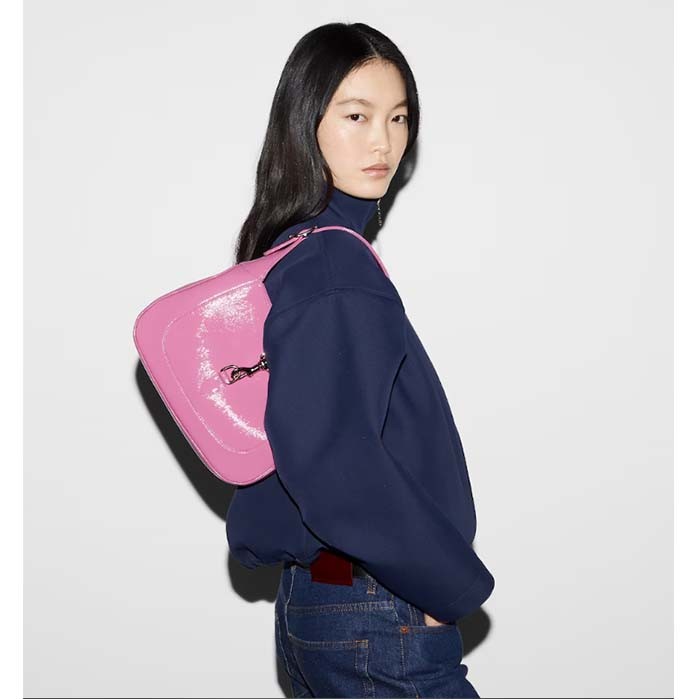 Gucci Women GG Jackie Small Shoulder Bag Pink Patent Leather Hook Closure