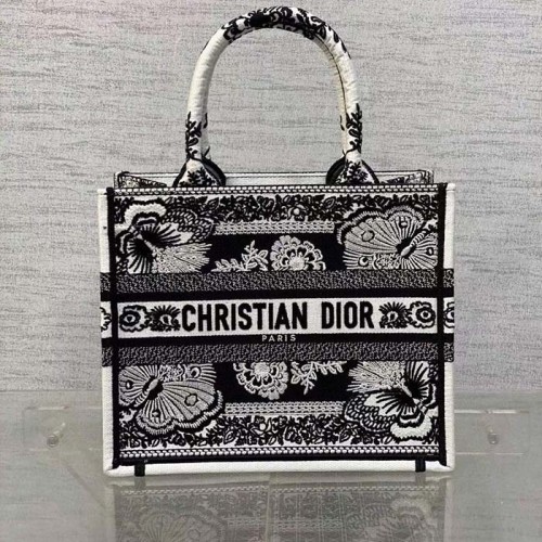Dior Women CD Medium Dior Book Tote Black White Butterfly Bandana Embroidery