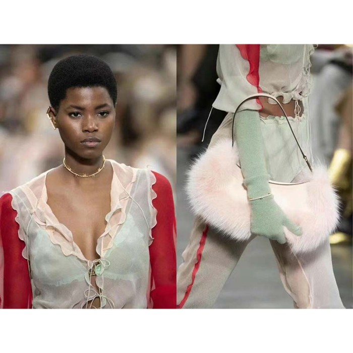 Fendi Women FF O’Lock Swing Pale Pink Leather Fox Fur Pouch