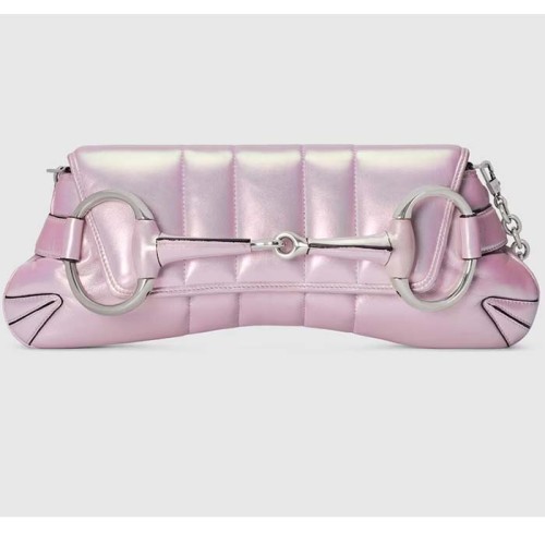 Gucci Women Horsebit Chain Medium Shoulder Bag Pink Iridescent Quilted Leather Maxi Horsebit Style ‎764255 AAC31 5826
