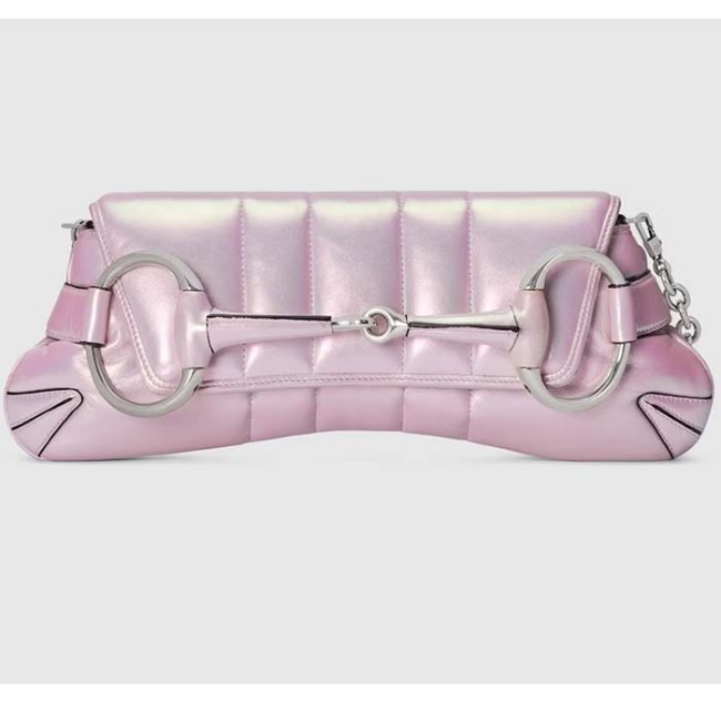 Gucci Women Horsebit Chain Medium Shoulder Bag Pink Iridescent Quilted Leather Maxi Horsebit Style ‎764255 AAC31 5826