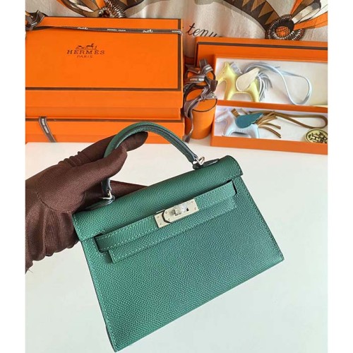 Hermes Women Mini Kelly 20 Bag Epsom Leather Silver Hardware-Green