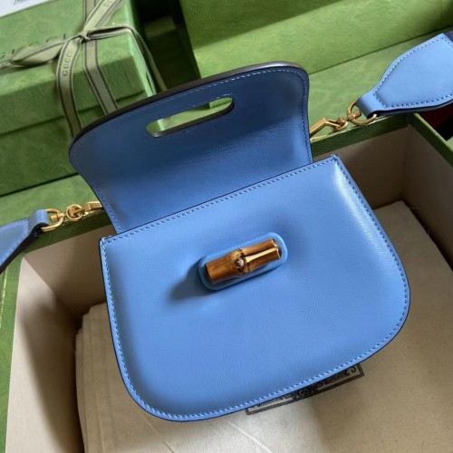Gucci Women Bamboo 1947 Mini Top Handle Bag Blue Leather Bamboo Hardware