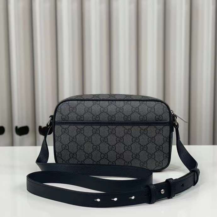 Gucci Unisex Mini Shoulder Bag Grey Black GG Supreme Canvas Black Leather