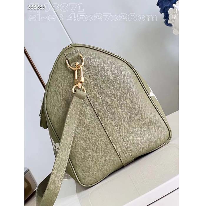 Louis Vuitton LV Unisex Keepall Bandoulière 45 Kaki Fango Cream Monogram Empreinte Embossed Cowhide Leather