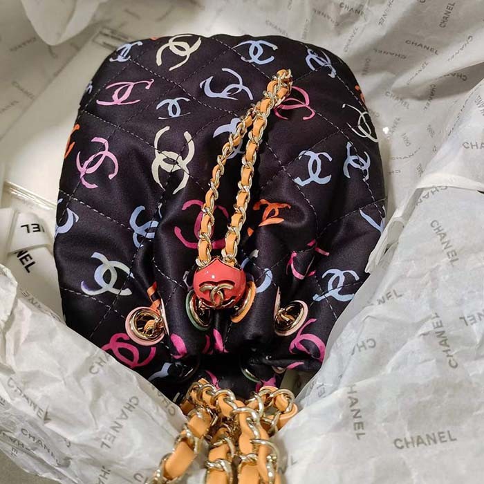 Chanel CC Unisex Backpack Printed Fabric Gold-Tone Metal Black Multicolor
