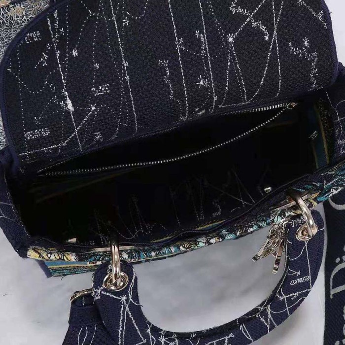 Dior Women Medium Lady D-lite Bag Latte Multicolor Dior Constellation Embroidery-Blue