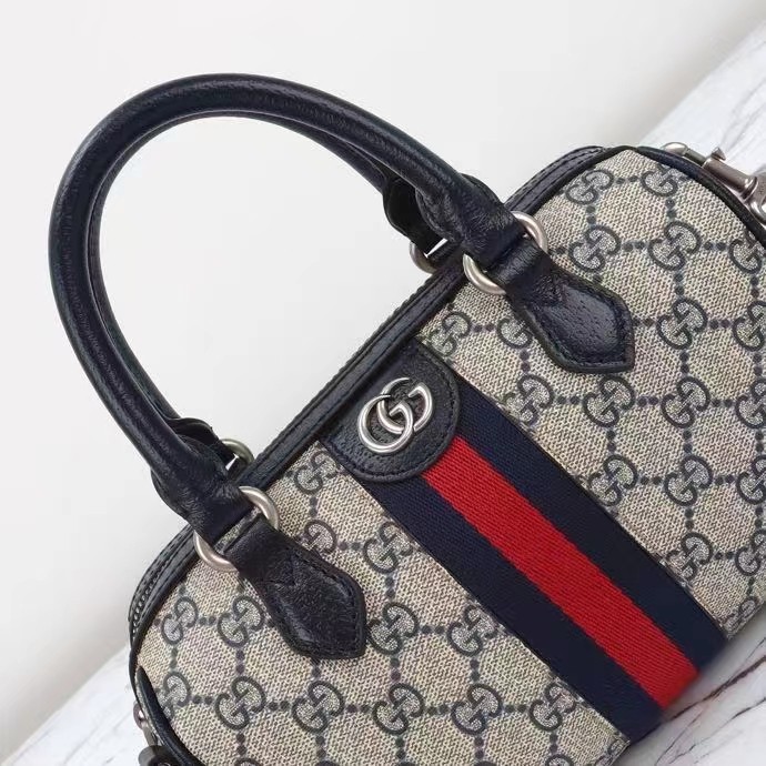 Gucci GG Unisex Ophidia GG Mini Top Handle Bag Beige Blue GG Supreme Canvas Leather