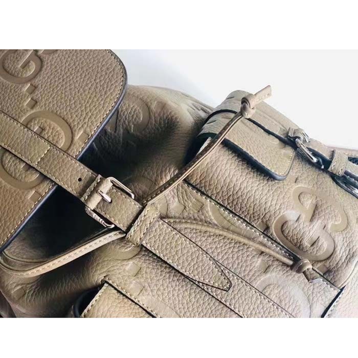Gucci Unisex Jumbo GG Small Backpack Taupe Leather Cotton Linen Lining