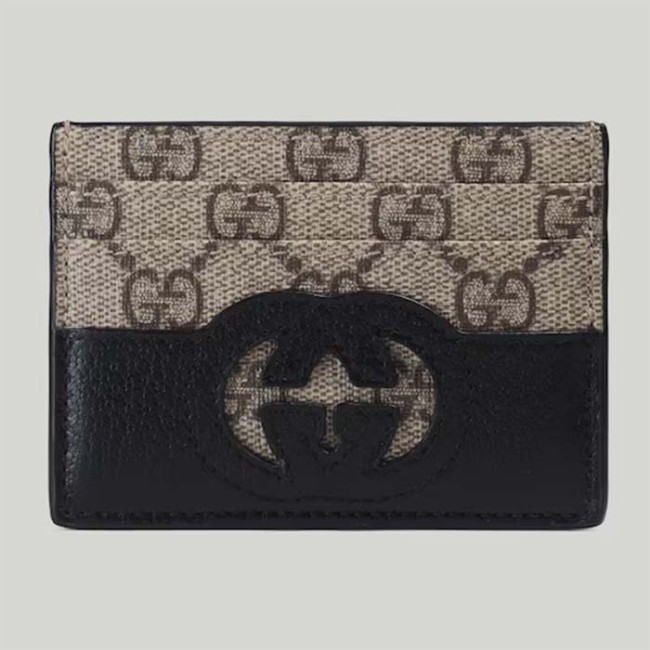 Gucci Unisex Card Case Cut-Out Interlocking G Beige Ebony GG Supreme Canvas