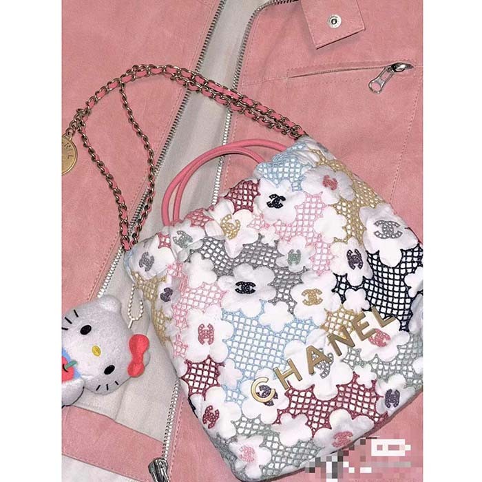 Chanel Women CC 22 Small Handbag Lace Patchwork Gold-Tone Metal Multicolor