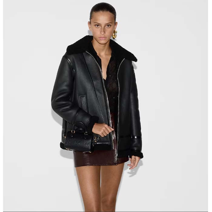 Gucci Women GG Super Mini Top Handle Bag Black GG Leather Zip Closure