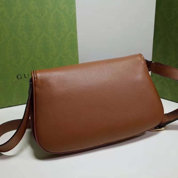 Gucci Women GG Blondie Shoulder Bag Brown Leather Round Interlocking G