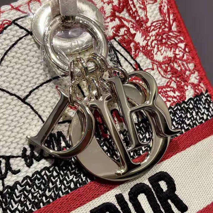 Dior Women Medium Lady D-lite Bag Red and White D-Royaume D Amour Embroidery