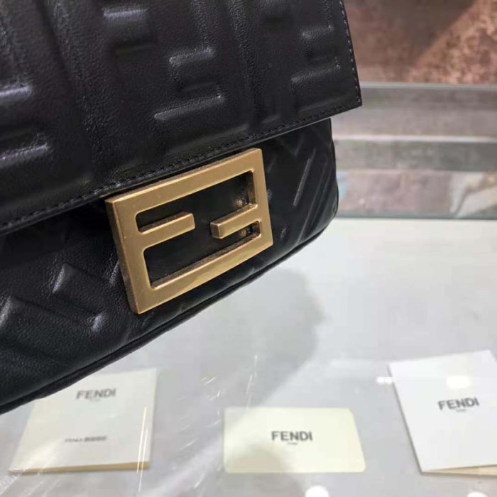 Fendi Women Iconic Mini Baguette Black Leather Bag