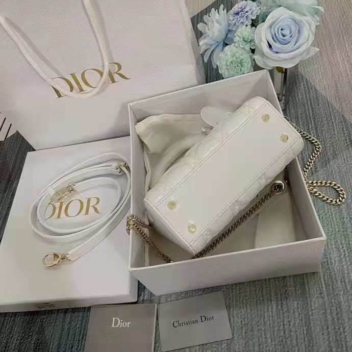 Dior Women CD Mini Lady Dior Bag Latte Patent Cannage Calfskin
