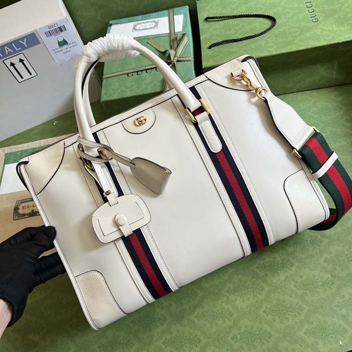 Gucci Unisex GG Bauletto Medium Top Handle Bag White Leather Double G