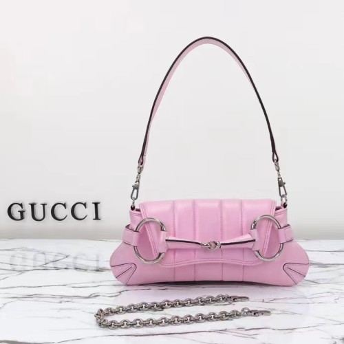 Gucci Women GG Horsebit Chain Small Shoulder Bag Pink Iridescent Quilted Leather Maxi Horsebit Style ‎764339 AAC31 5826