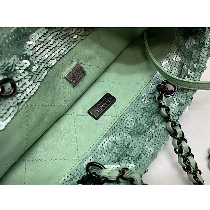 Chanel Women CC Shopping Bag Sequins Black Metal Green Black