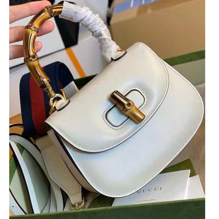 Gucci Women Gucci Bamboo 1947 Small Top Handle Bag White Leather Bamboo Hardware
