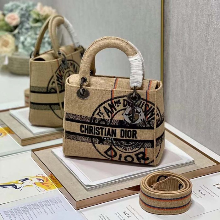 Dior Unisex CD Medium Lady D-Lite Bag Beige Jute Canvas Embroidered Dior Union Motif