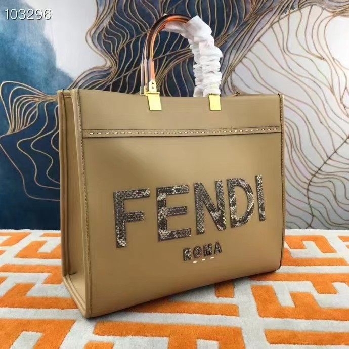 Fendi FF Women Sunshine Medium Beige Leather Elaphe Shopper