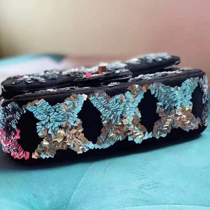 Chanel Women CC Classic Handbag Embroidered Velvet Sequins Silver-Tone Metal Black Silver