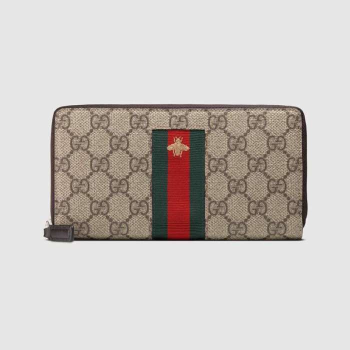 Gucci GG Unisex Web GG Supreme Zip Around Wallet in Beige/Ebony GG Supreme Canvas
