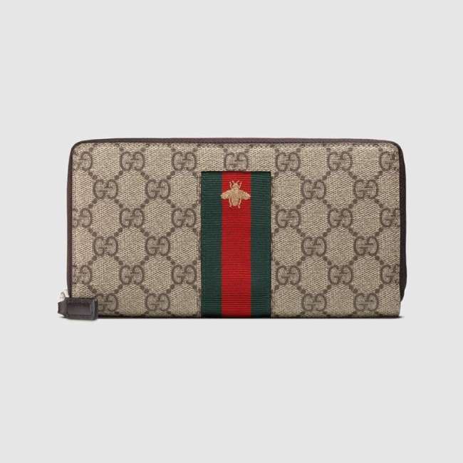 Gucci GG Unisex Web GG Supreme Zip Around Wallet in Beige/Ebony GG Supreme Canvas