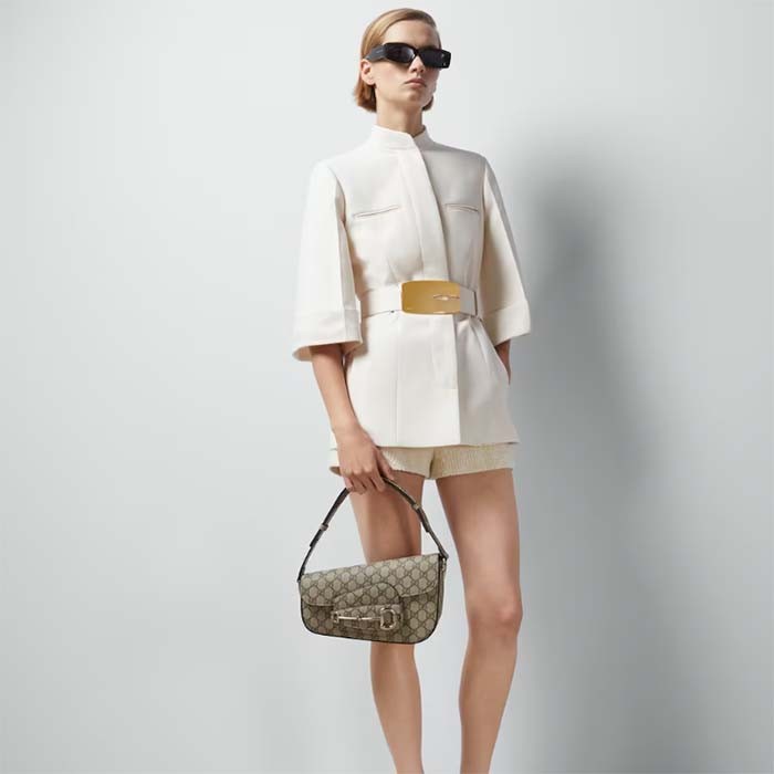 Gucci Unisex Gucci Horsebit 1955 Small Shoulder Bag Beige Ebony GG Supreme Canvas