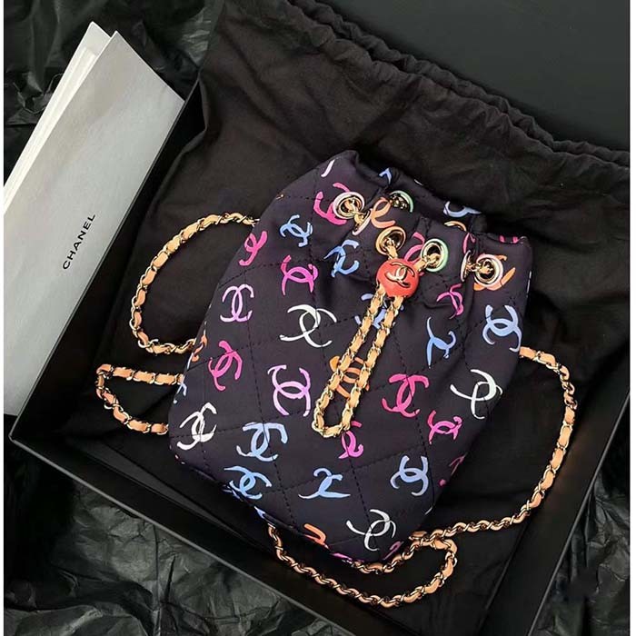 Chanel CC Unisex Backpack Printed Fabric Gold-Tone Metal Black Multicolor