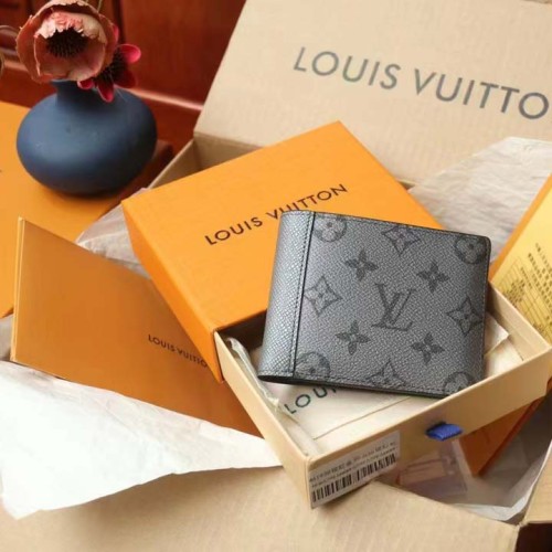 Louis Vuitton LV Unisex Multiple Wallet Gunmetal Gray Monogram Coated Canvas Taiga Cowhide