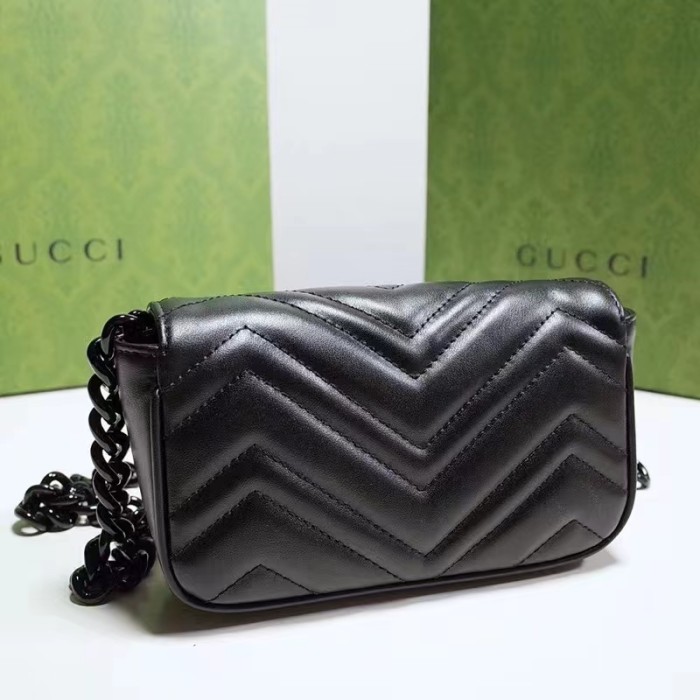 Gucci Women GG Marmont Belt Bag Black Chevron Matelassé Leather Double G
