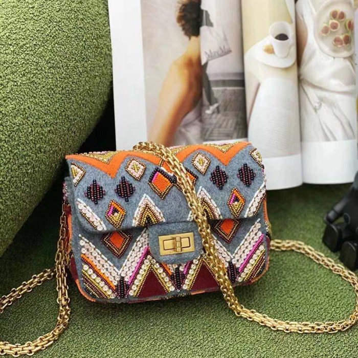 Chanel Women CC Only 1 Bag Set Of 4 Minis Bags Blue Lambskin Sequins Glass Pearls