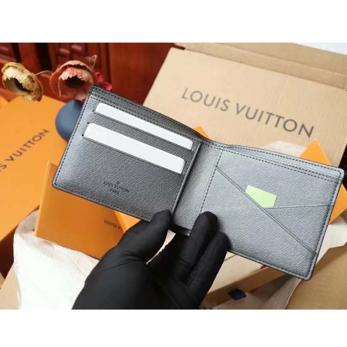 Louis Vuitton LV Unisex Multiple Wallet Gunmetal Gray Monogram Coated Canvas Taiga Cowhide