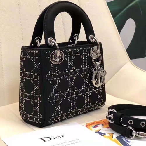 Dior Women CD Mini Lady Dior Bag Black Strass Cannage Satin