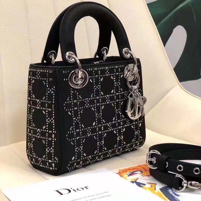 Dior Women CD Mini Lady Dior Bag Black Strass Cannage Satin