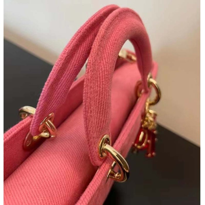 Dior Women CD Medium Lady D-Joy Bag Bright Pink Cannage Denim