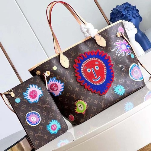 Louis Vuitton LV Unisex LV x YK Neverfull MM Monogram Coated Canvas Faces Print Embroidery
