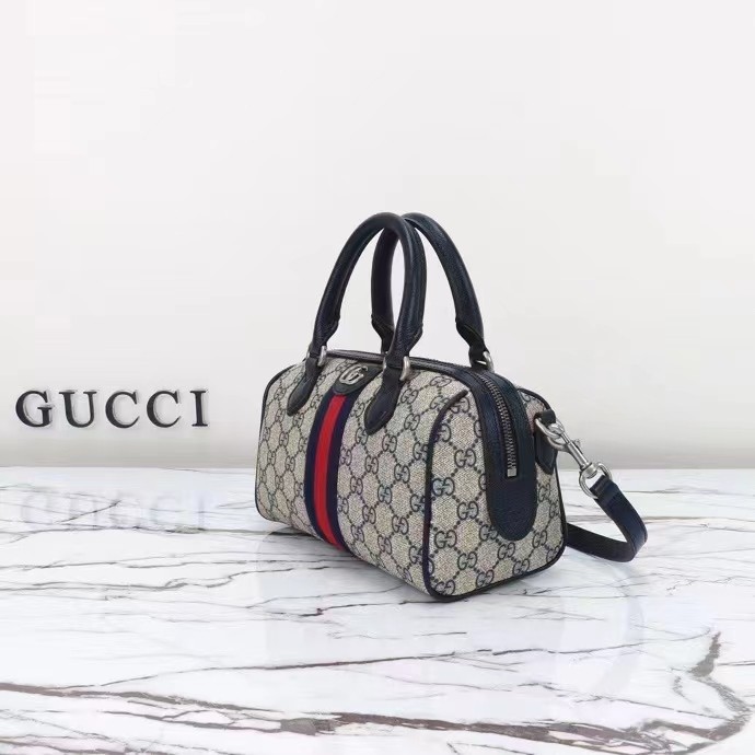 Gucci GG Unisex Ophidia GG Mini Top Handle Bag Beige Blue GG Supreme Canvas Leather